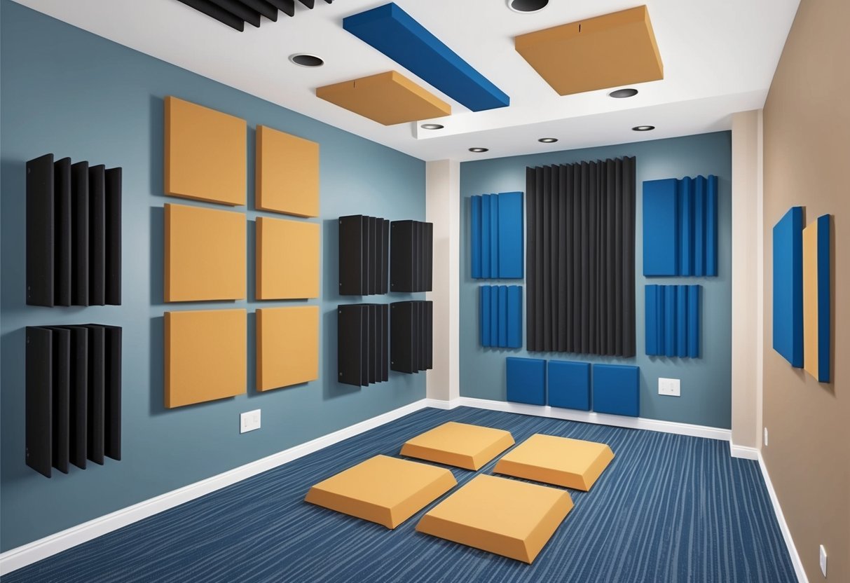 A room with soundproofing materials like acoustic panels, bass traps, and diffusers strategically placed on the walls and ceiling to enhance sound quality
