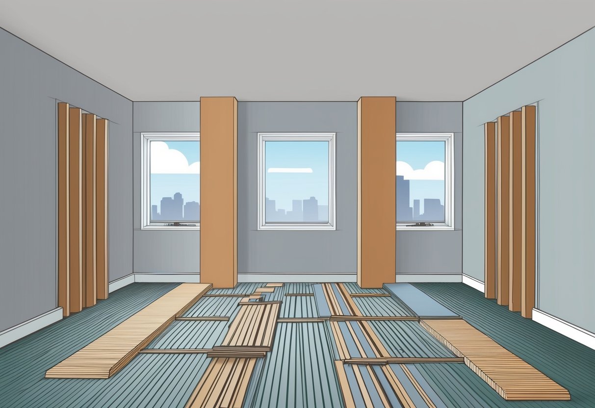 A room with gaps around windows and doors, and flanking paths for sound to travel through. Materials for soundproofing are visible