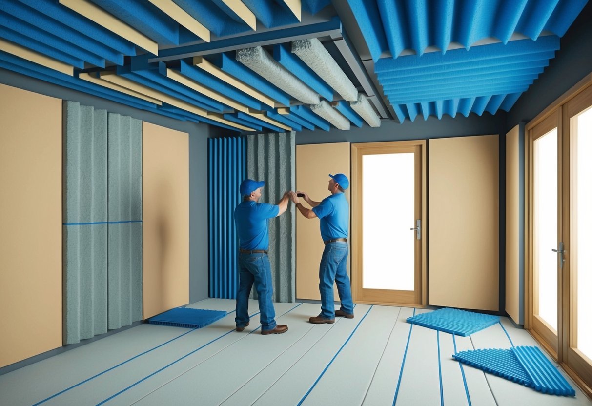 A room with soundproofing materials being installed on the walls and ceiling, including foam panels, acoustic tiles, and weather stripping on doors and windows