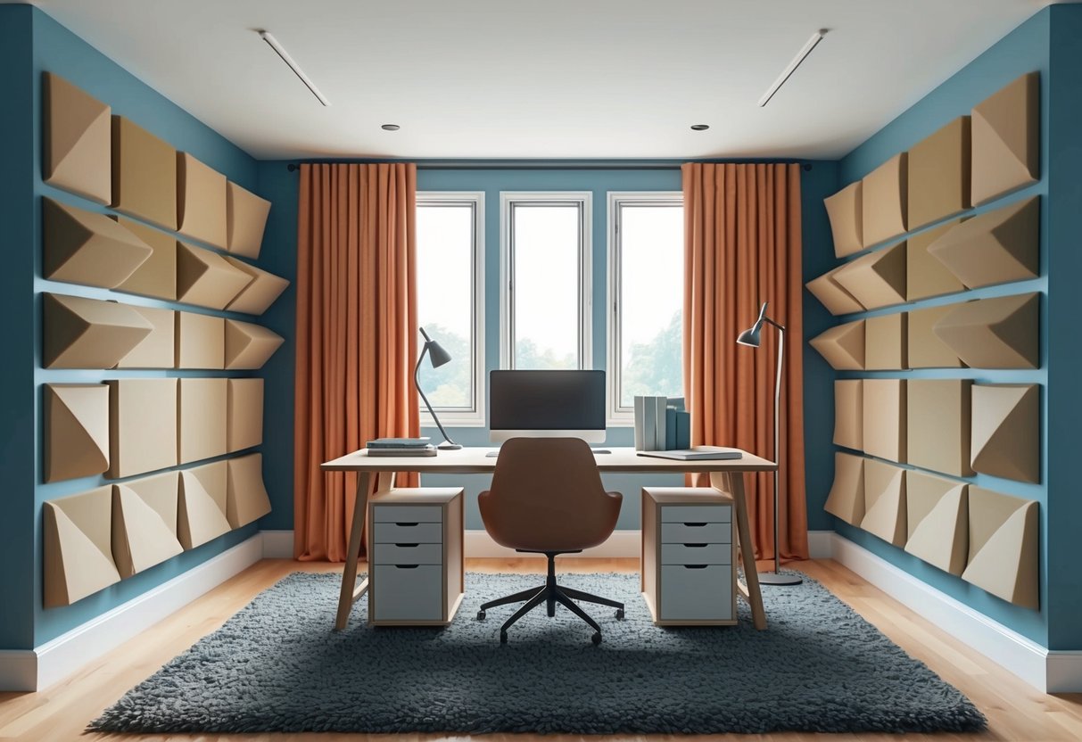 A home office or studio with soundproofing materials on the walls and windows, a thick rug on the floor, and heavy curtains to absorb noise