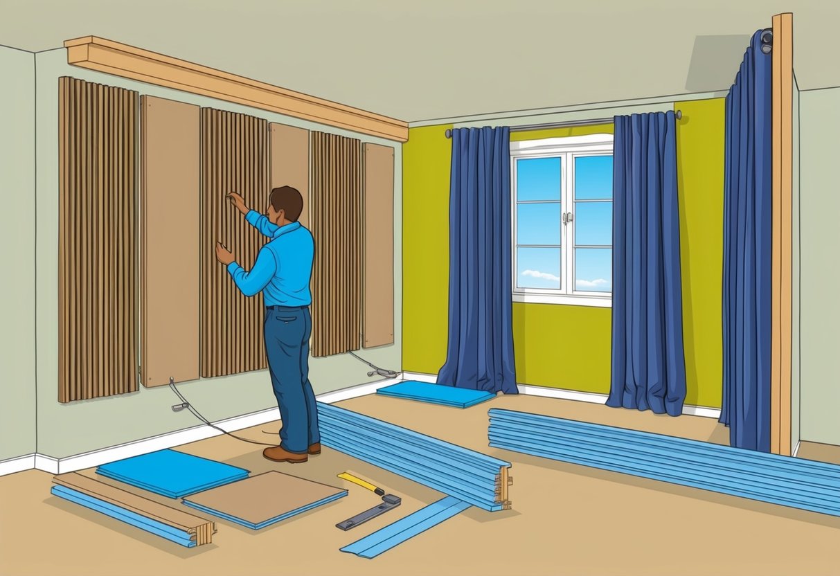 A room with soundproofing materials being installed, such as acoustic panels, weatherstripping, and heavy curtains. A person may be measuring and cutting materials