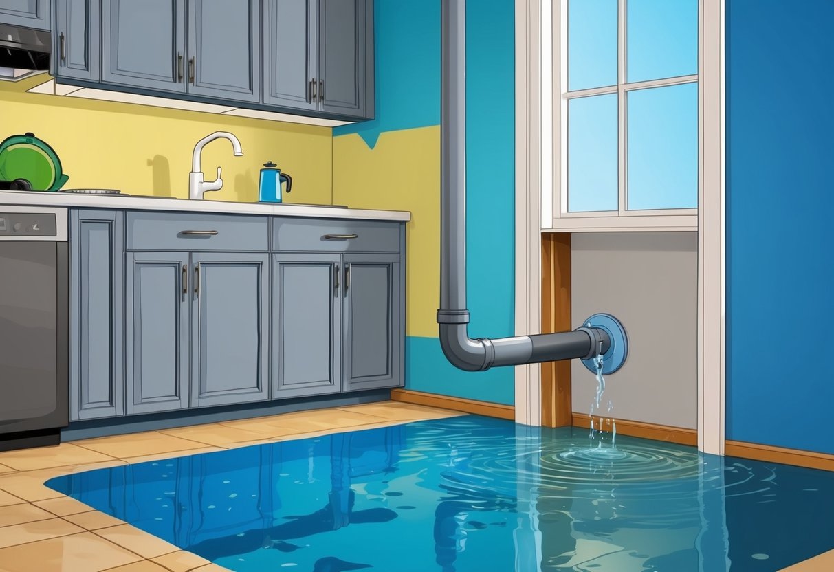 A home with a leaking faucet in the kitchen, water pooling on the floor, and a hidden pipe leak behind the wall causing water damage