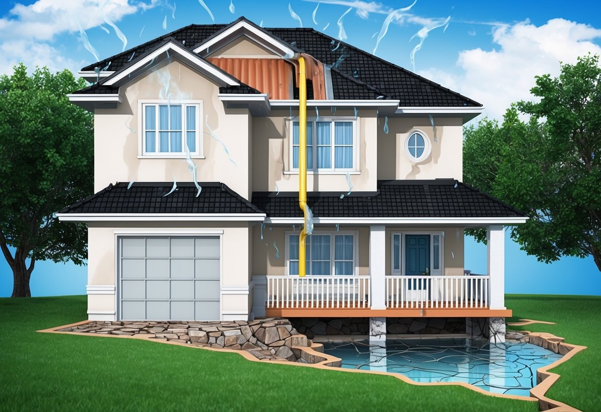 A home with a leaking roof, cracked foundation, and clogged gutters