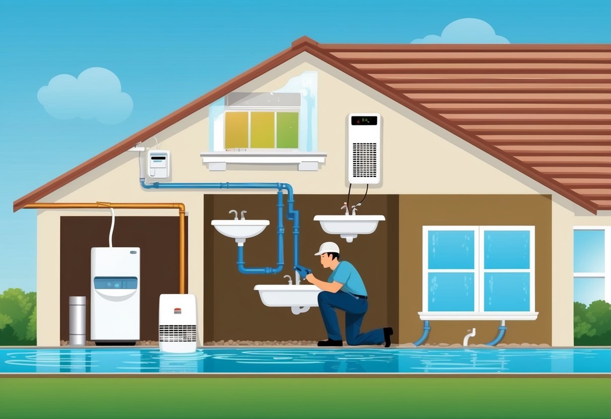A home with a water leak detector placed near appliances and pipes, while a homeowner inspects for leaks under sinks and around the foundation