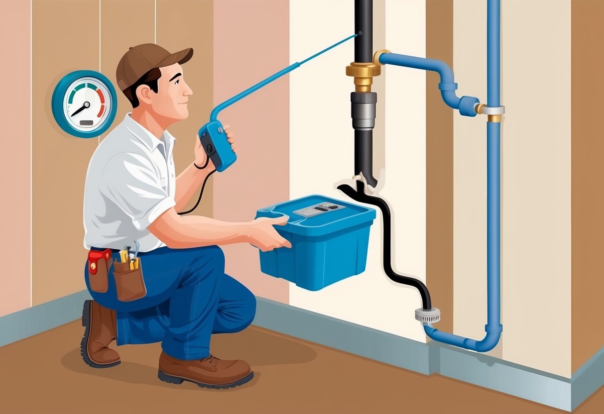 A plumber using a listening device to detect a hidden water leak behind a wall in a home