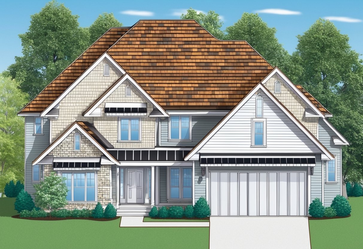 A house with various roofing materials, including shingles, tiles, and metal, with a focus on areas prone to hidden water leaks