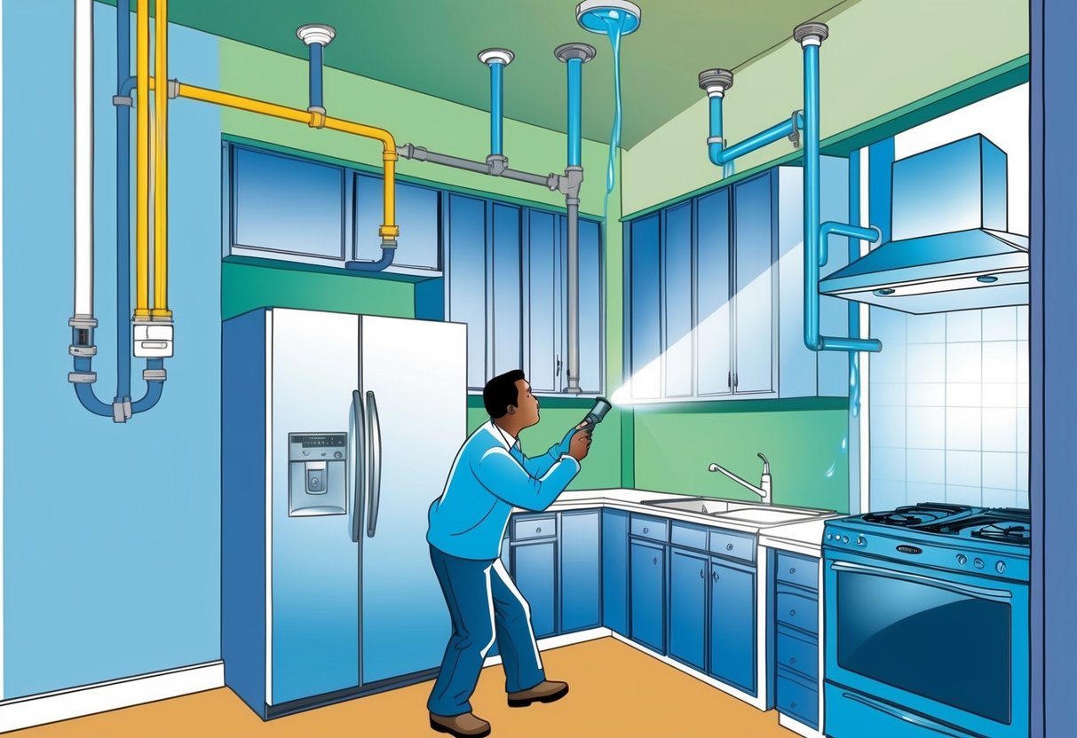 A home with visible water leaks in pipes, ceilings, and walls. A person using a flashlight to inspect under sinks and around appliances for hidden leaks