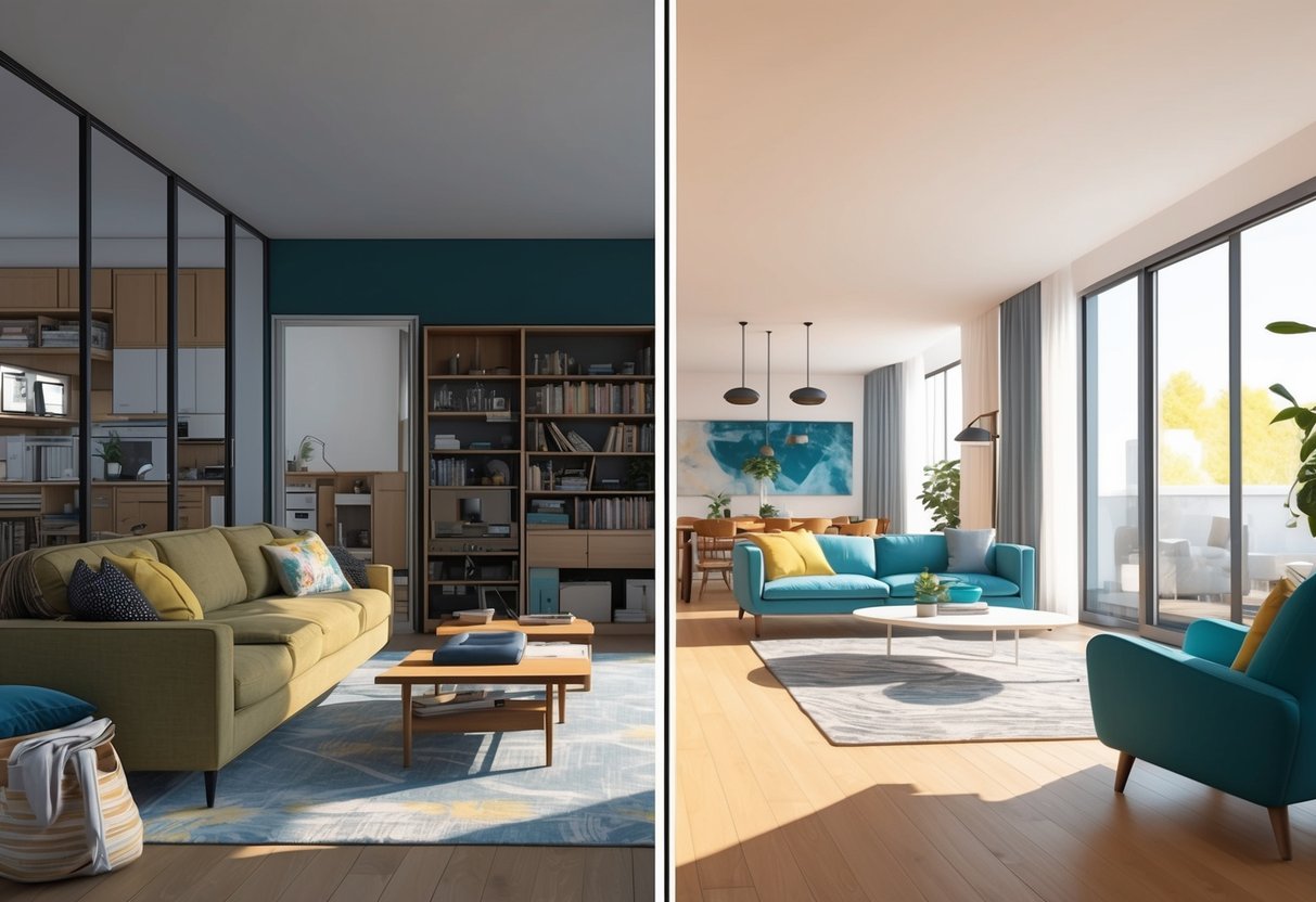 A cluttered, confined living space with limited natural light contrasts with an open, spacious floor plan flooded with sunlight