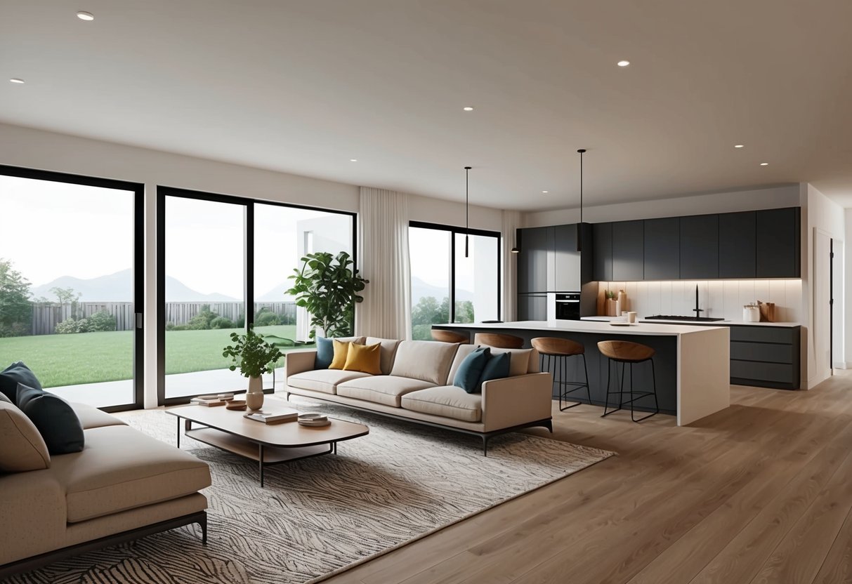 A modern home with an open floor plan flows seamlessly from the living room to the kitchen, creating a spacious and airy environment