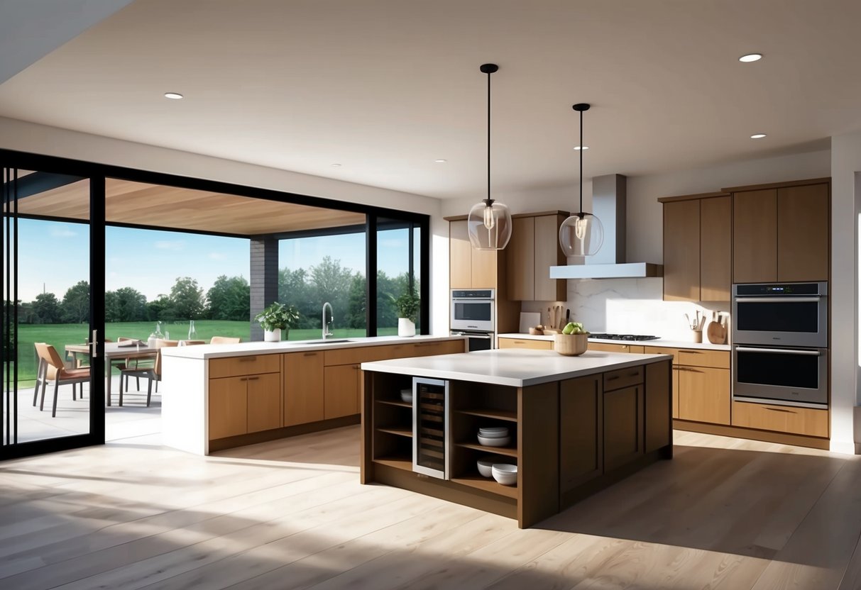 A modern kitchen with open floor plan, featuring an island, sleek appliances, and ample natural light from large windows