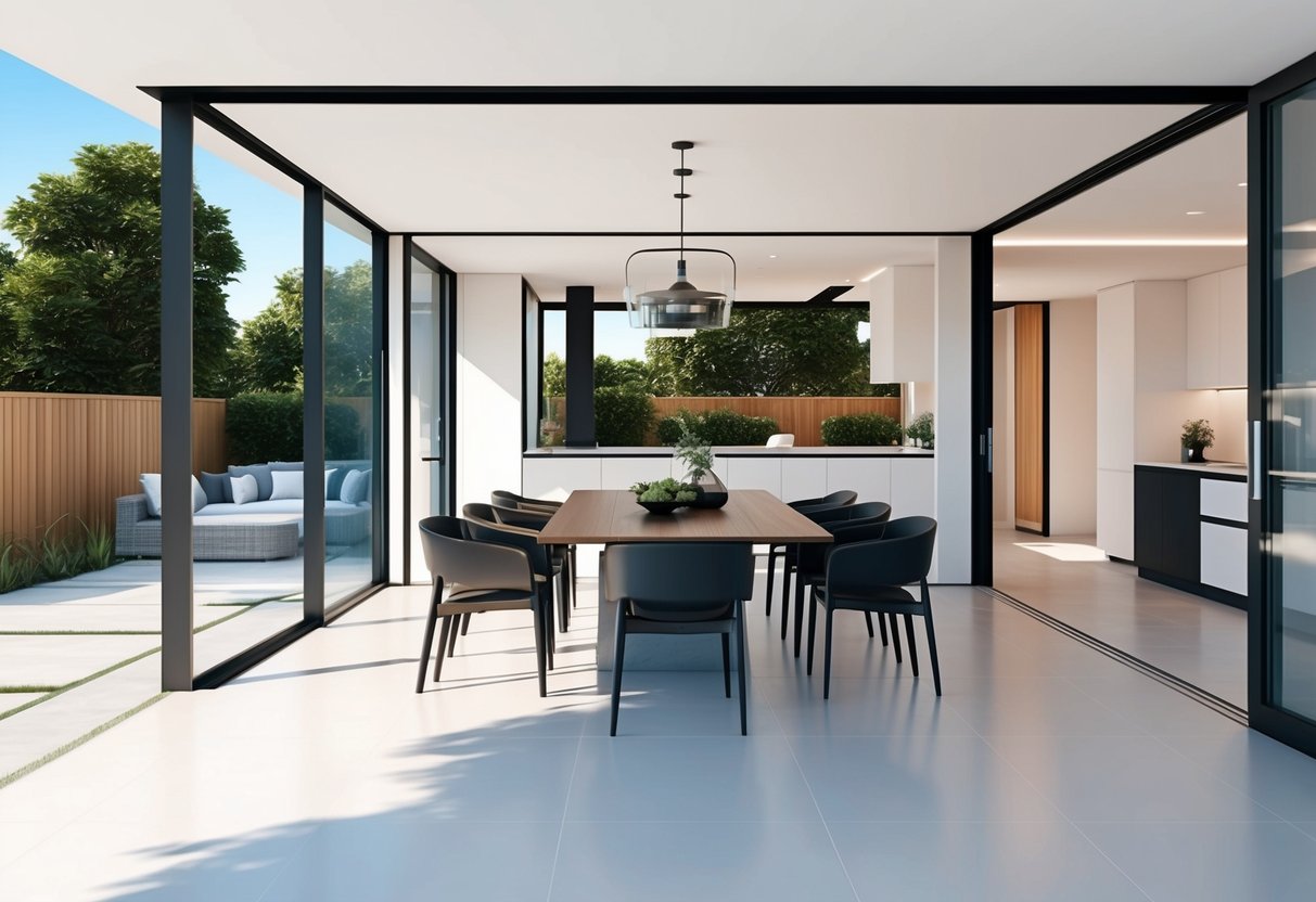 A modern dining area with open floor plan leading to outdoor space, featuring sleek flooring and contemporary design elements