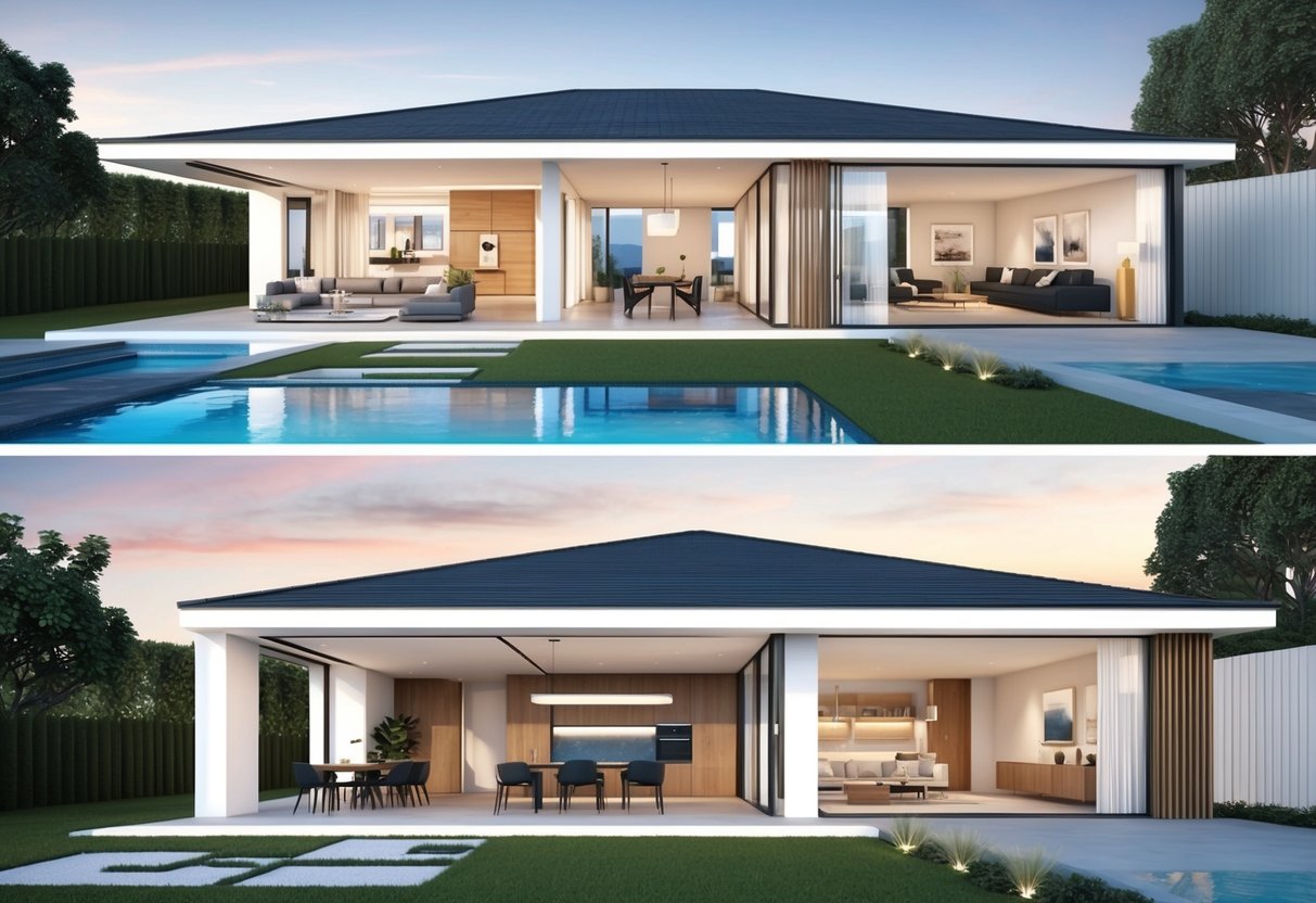 A modern home with an open floor plan showcasing spacious living areas flowing into each other, while a closed floor plan features distinct rooms with defined boundaries