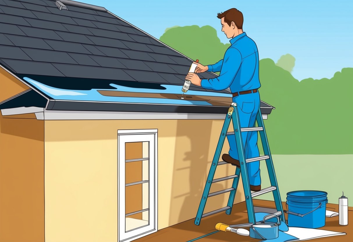 A person on a ladder, applying sealant to a section of a sloped roof with a leak. Tools and materials are scattered nearby