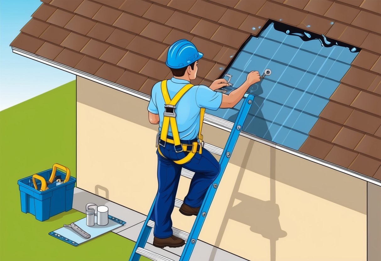 A person on a ladder, wearing a hard hat and safety harness, inspecting a leaky roof with a toolbox and materials nearby
