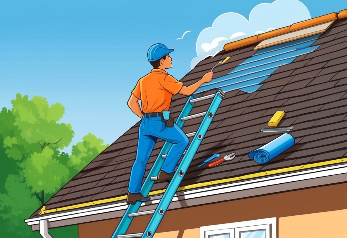 A person on a ladder inspecting a roof for damage, with tools and materials nearby for repairing a leak