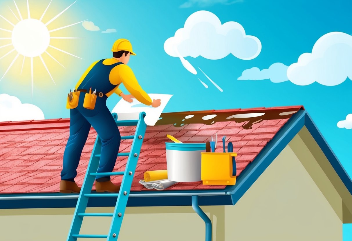 A person on a ladder inspecting a leaky roof, with tools and materials nearby for DIY repair. Sunshine and clouds in the sky