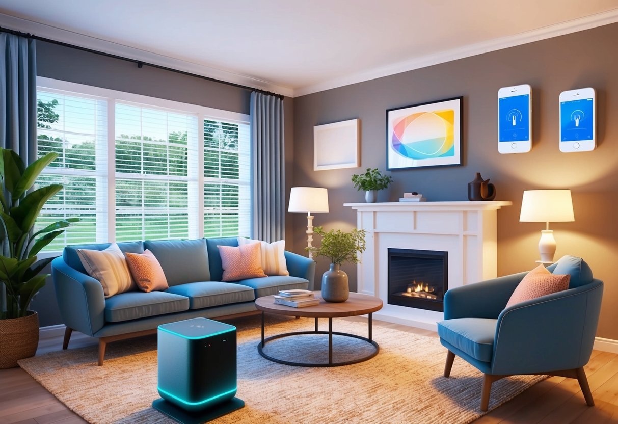 A cozy living room with smart lighting, thermostat, and security system. Smart speakers and automated window blinds add to the modern comfort