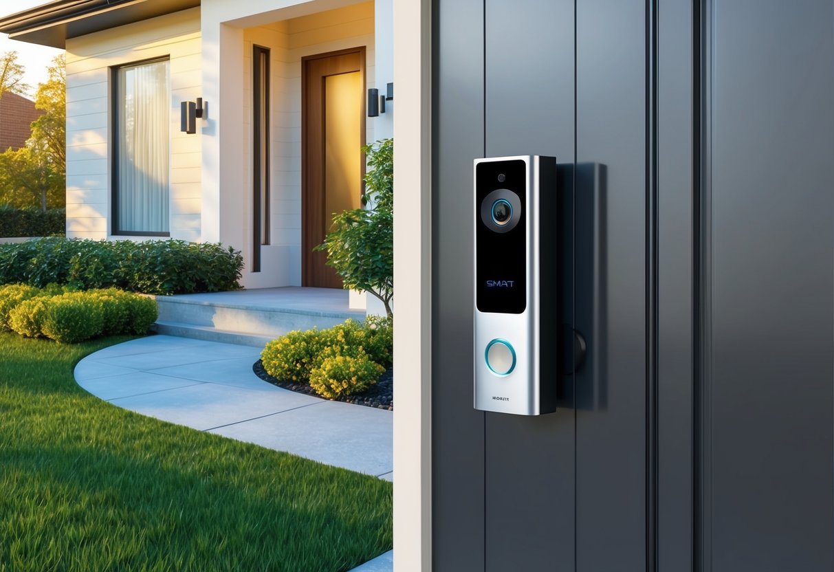 A modern video doorbell and smart entry system installed on a sleek front door, with a well-manicured yard and a warm, inviting exterior