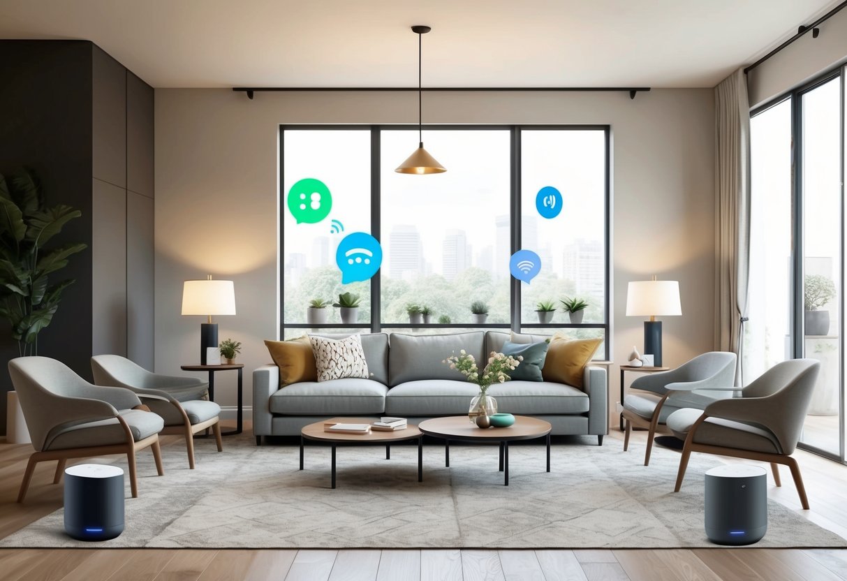 A modern living room with smart speakers and voice assistants seamlessly integrated into the decor, enhancing the home's value and comfort