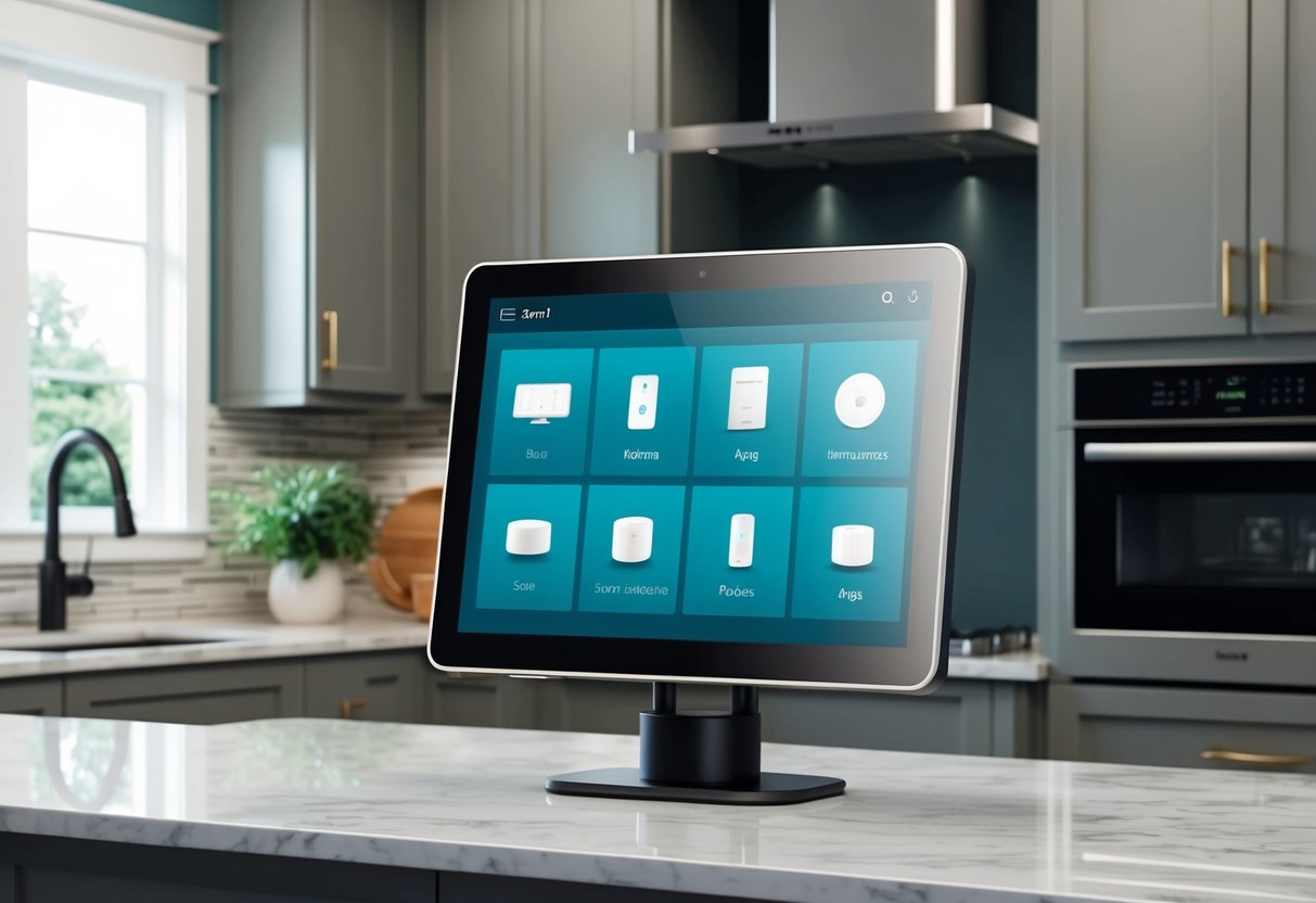 A smart display mounted on a kitchen counter, showing the control interface for various home devices. The display is surrounded by modern appliances and stylish decor