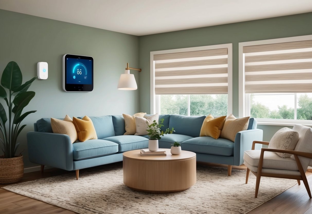 A cozy living room with automated smart home upgrades, including a voice-controlled thermostat, smart lighting, and automated window shades