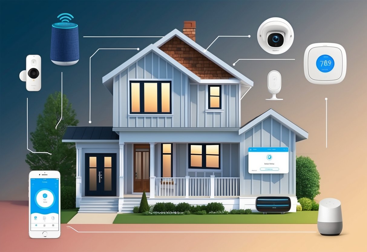 A modern smart home with upgraded features and technology, including smart thermostats, lighting, security cameras, and voice-controlled devices