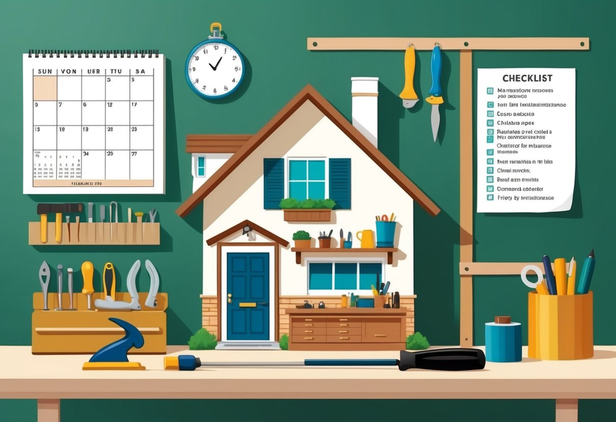 A cozy home with a calendar on the wall, tools neatly organized on a workbench, and a checklist of maintenance tasks pinned up for easy reference