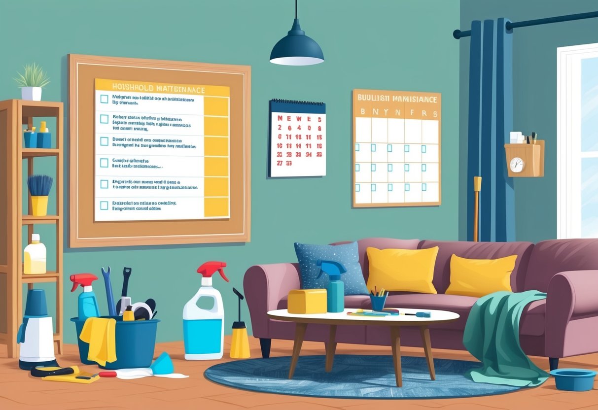 A cozy living room with a checklist of household maintenance tasks on a bulletin board, surrounded by tools and cleaning supplies. A calendar hangs on the wall, marked with regular maintenance dates