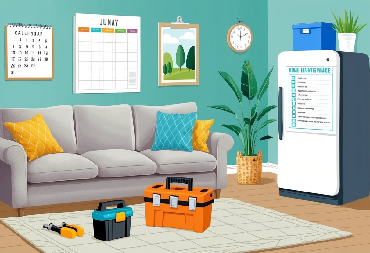 A cozy living room with a calendar on the wall, a toolbox on the floor, and a checklist of home maintenance tasks pinned to the fridge