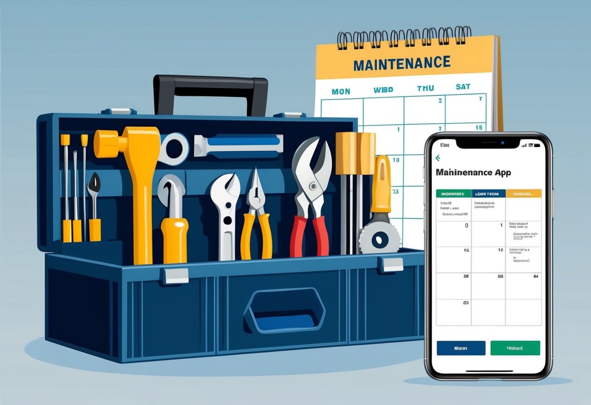 A neatly organized toolbox with various maintenance tools, a calendar with scheduled maintenance tasks, and a smartphone displaying a maintenance app for tracking home upkeep