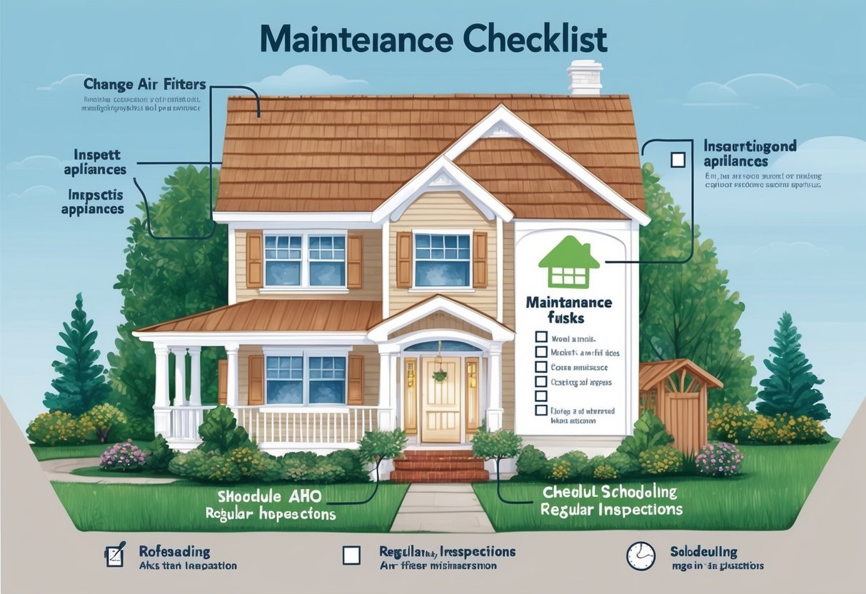A cozy home with a checklist of maintenance tasks, including changing air filters, inspecting appliances, and scheduling regular inspections