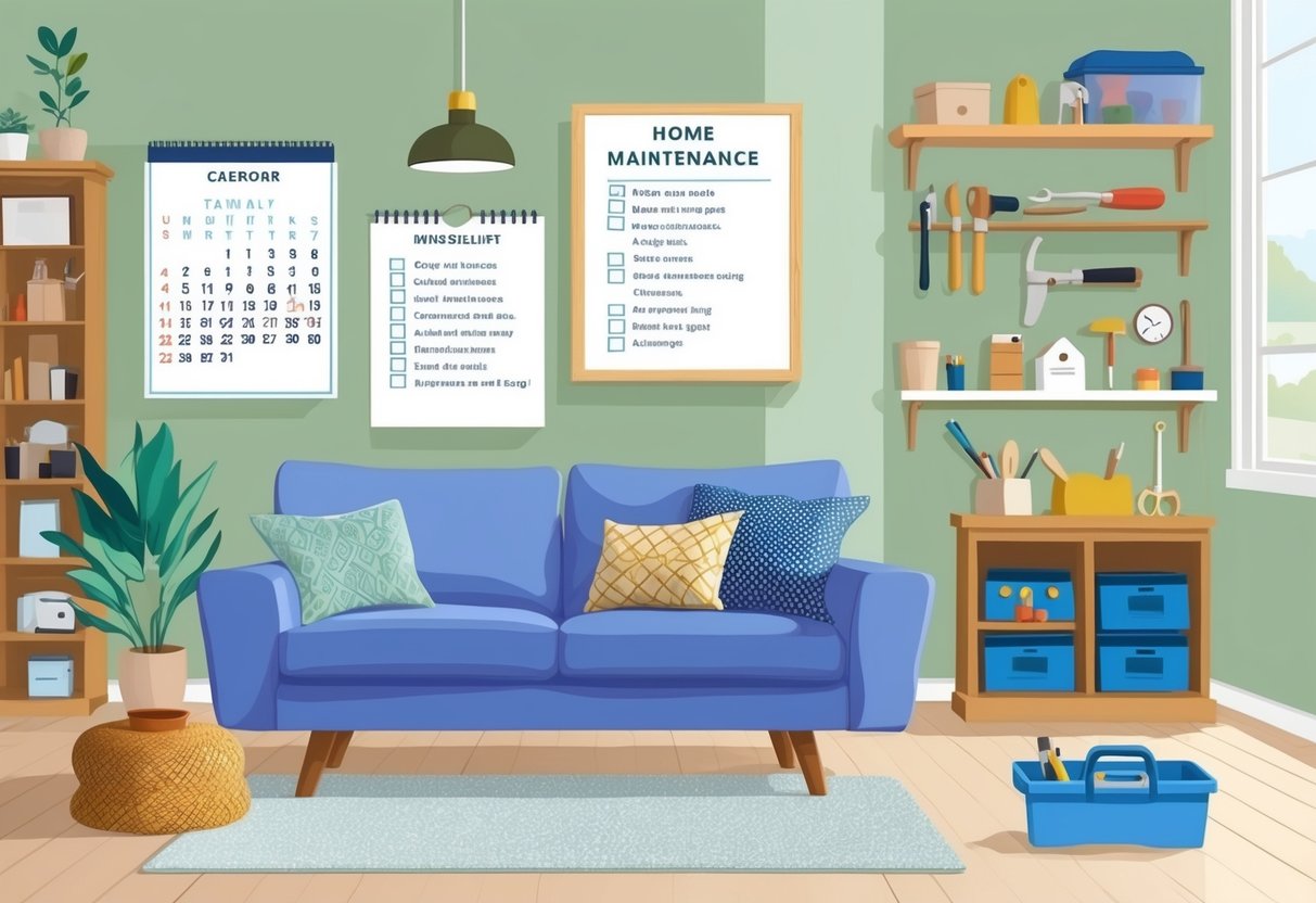 A cozy living room with a calendar on the wall, a checklist of home maintenance tasks, and various tools and supplies neatly organized on a shelf
