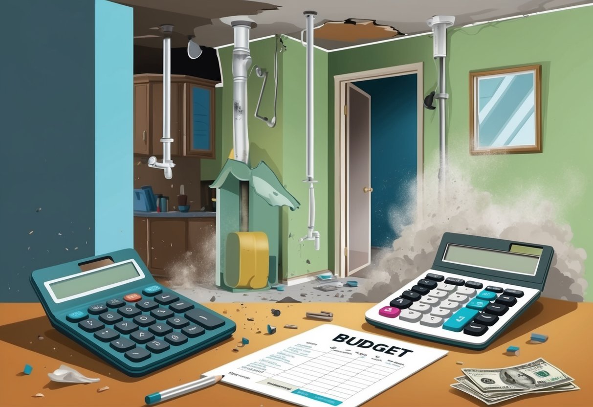 A cluttered home with a broken wall, leaking pipes, and outdated fixtures. Dust and debris scattered around. A calculator and budget sheet on a table