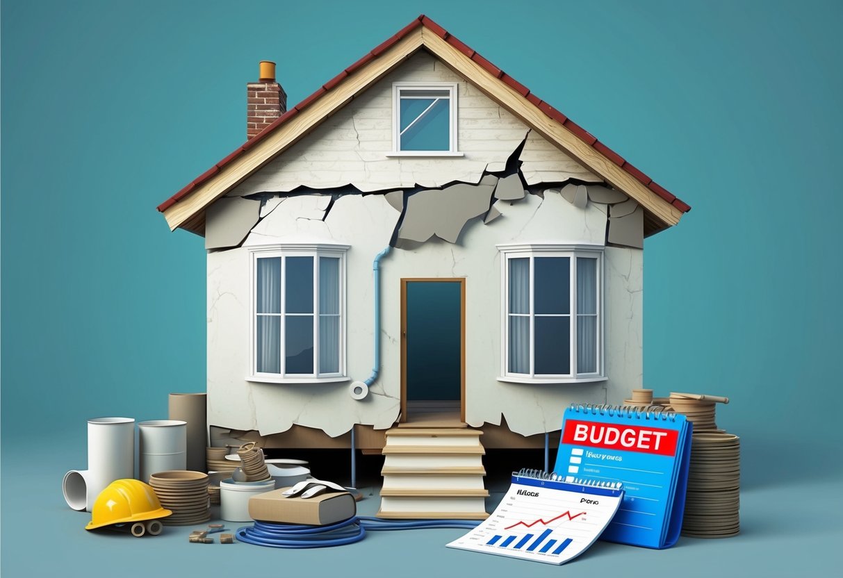 A house with visible wear and tear, cracked walls, sagging floors, and leaking pipes, surrounded by a pile of renovation materials and a budget planner