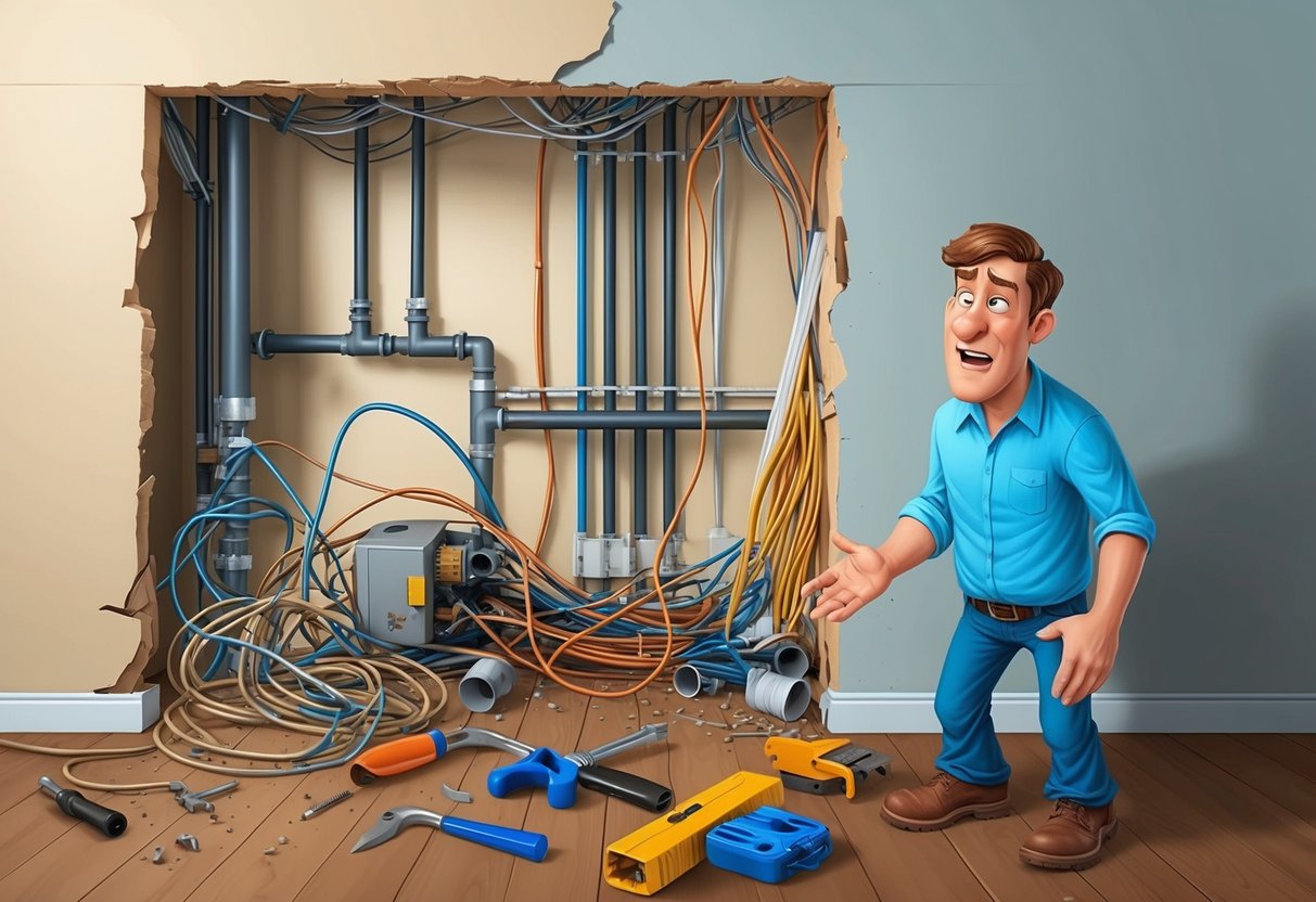 A chaotic tangle of pipes and wires behind a partially demolished wall, with tools scattered around and a frustrated homeowner looking on