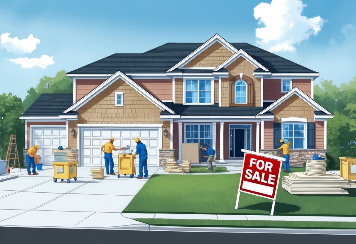 A suburban home with a "For Sale" sign out front, surrounded by construction materials and workers renovating the interior and exterior