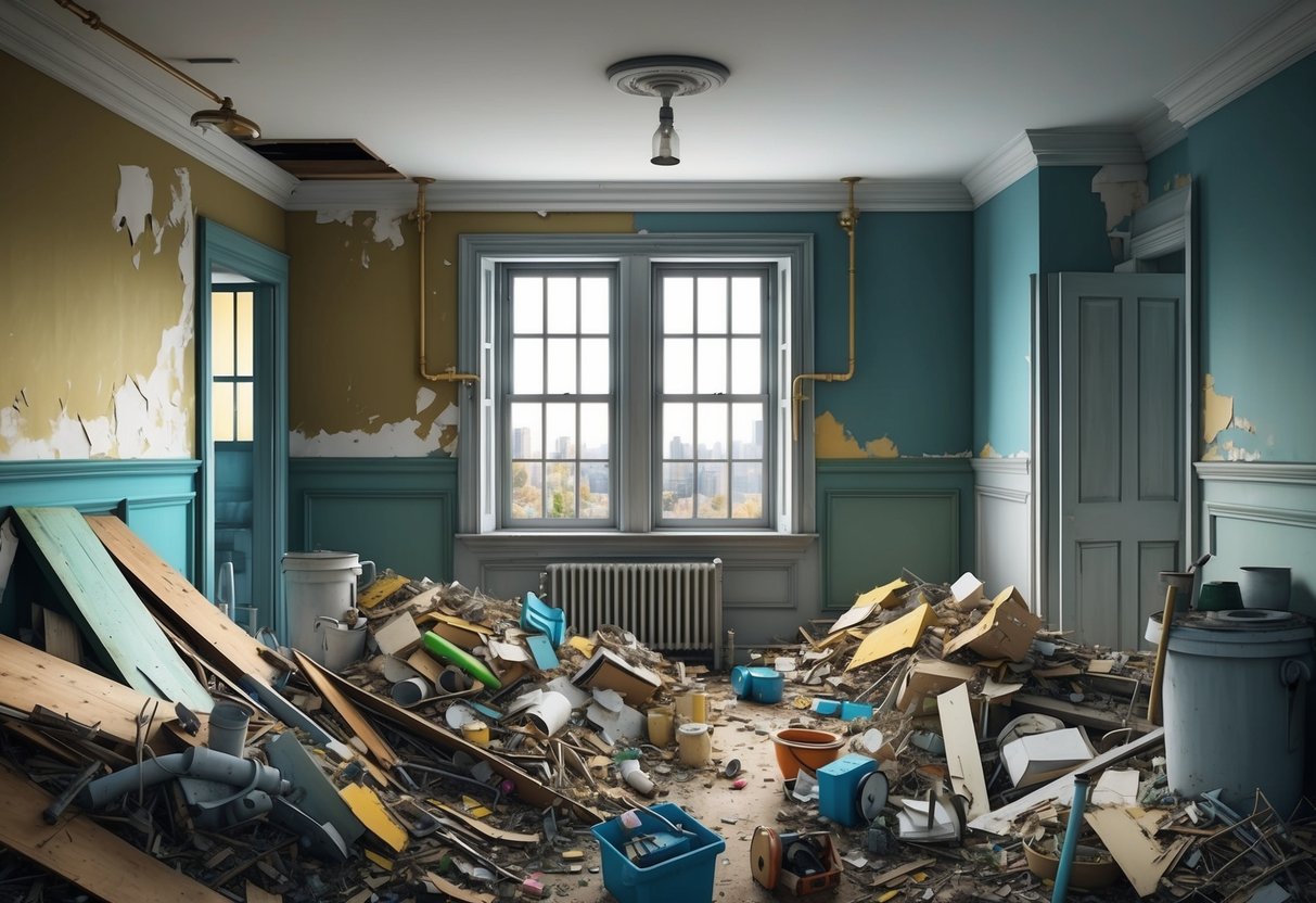 A cluttered room with peeling paint, leaky pipes, and worn-out fixtures, surrounded by piles of renovation debris and discarded materials