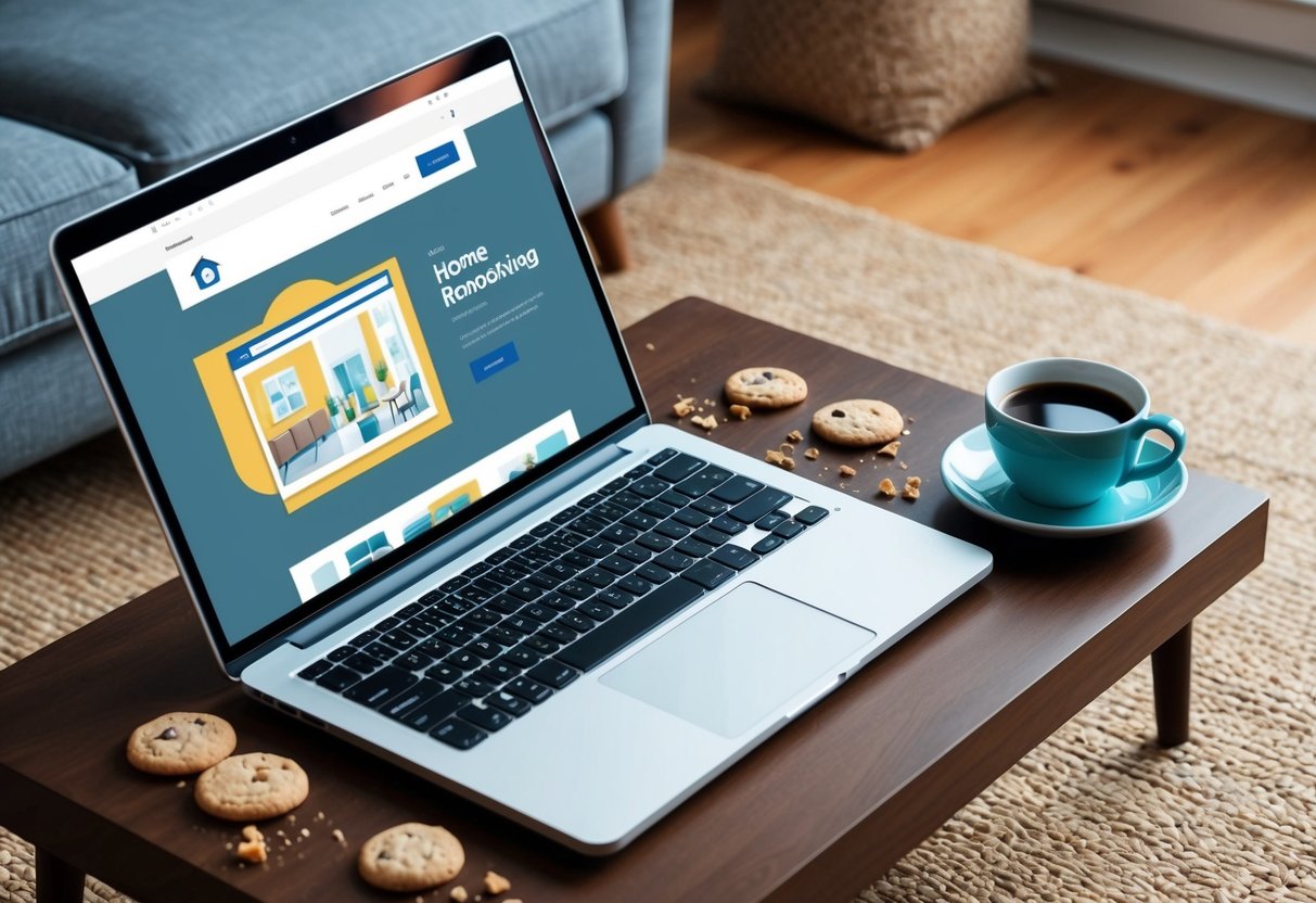 A cozy living room with a laptop on the coffee table, showing a website about home remodeling. A cup of coffee sits nearby, surrounded by scattered cookie crumbs