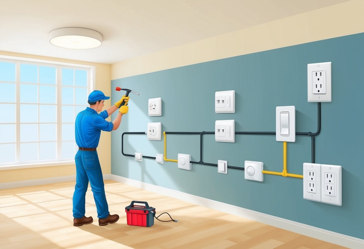 A bright, well-lit room with various outlets, switches, and light fixtures on the walls. A person is using tools to safely repair and install electrical components