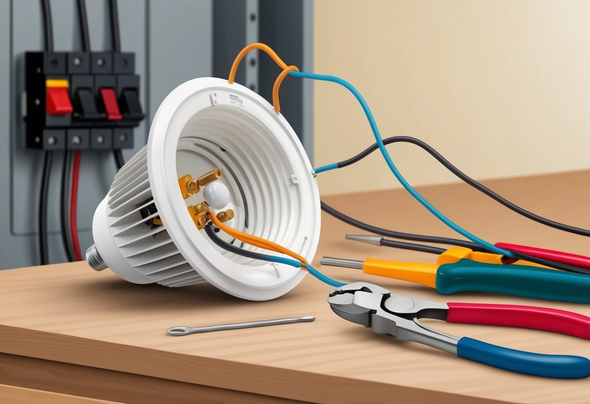 An open light fixture with exposed wires, a screwdriver, and a pair of pliers on a workbench. A circuit breaker panel in the background