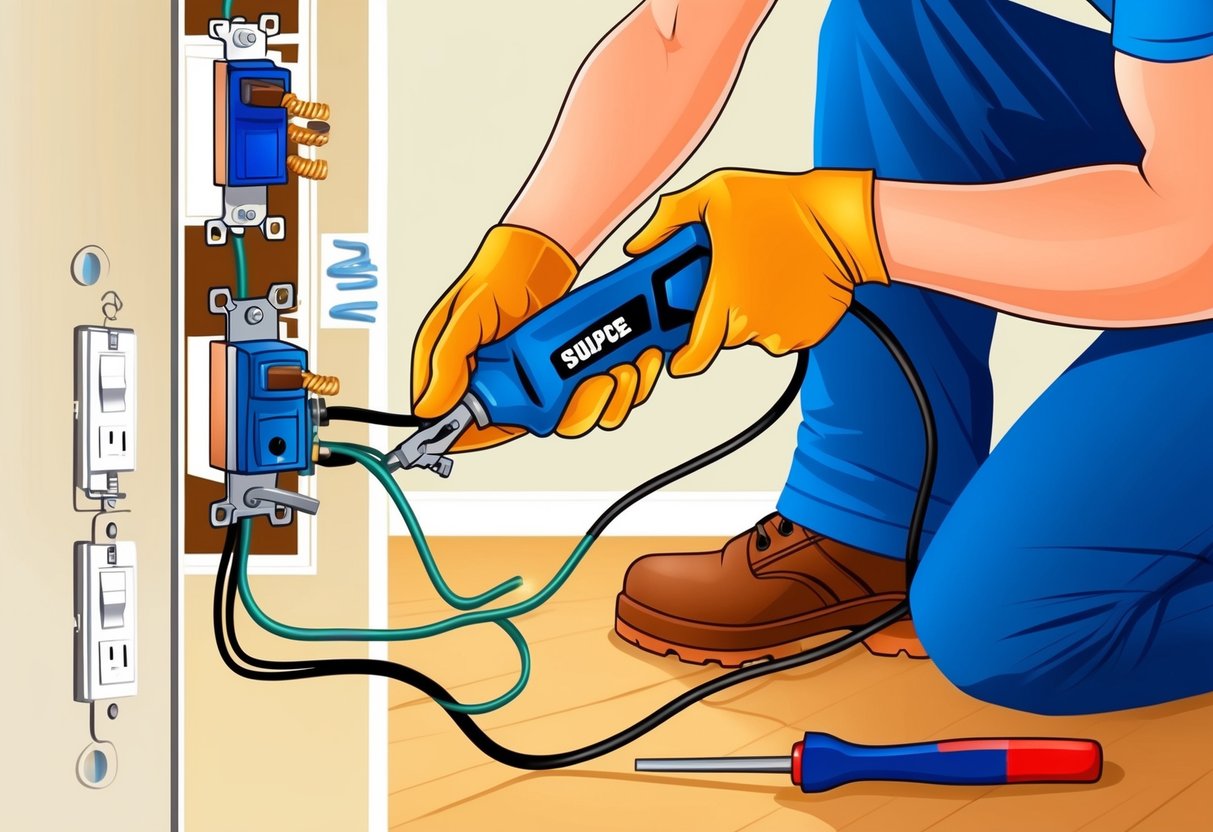 A person using tools to fix electrical outlets and switches, making safe splices and solving wiring issues in a well-lit room
