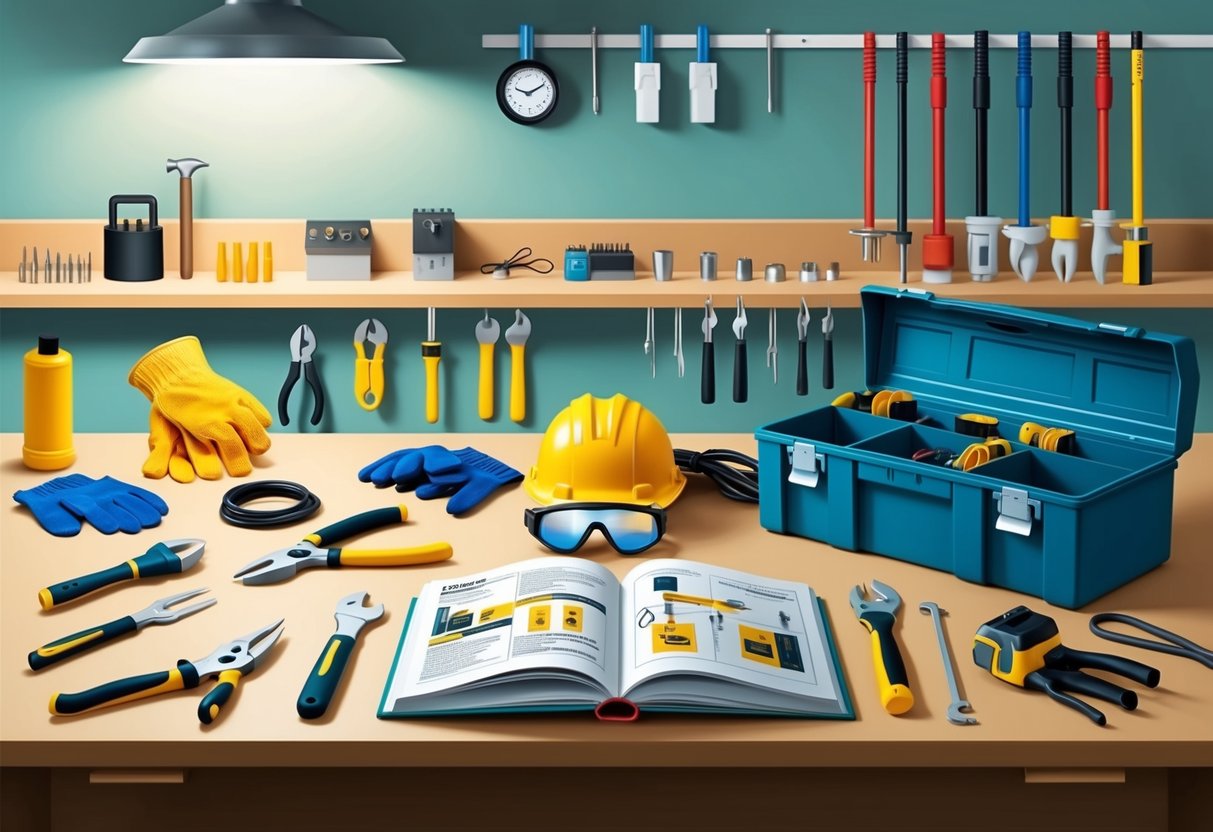 An organized workbench with tools, wires, and electrical components. Safety gear such as gloves and goggles are present. A book on DIY electrical repairs is open next to a neatly arranged toolbox