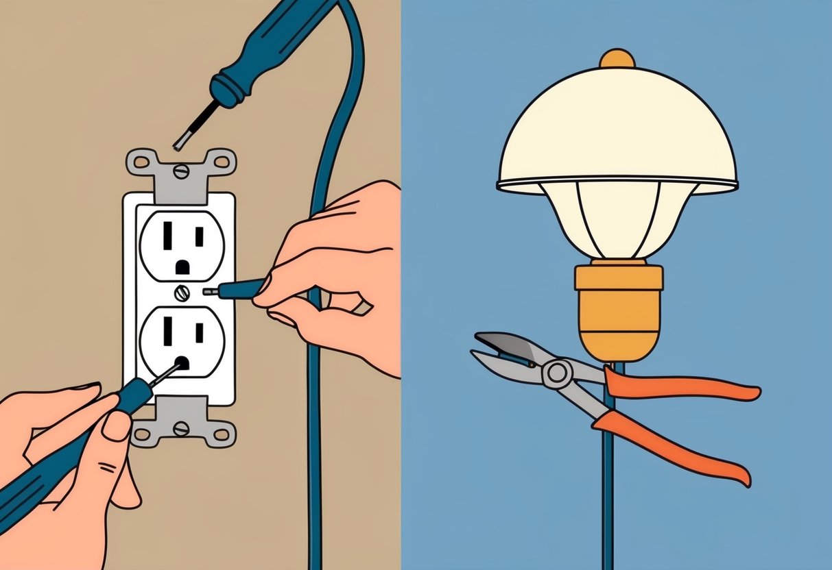 A person fixing an outlet with a screwdriver, a switch with pliers, and a light fixture with wire cutters