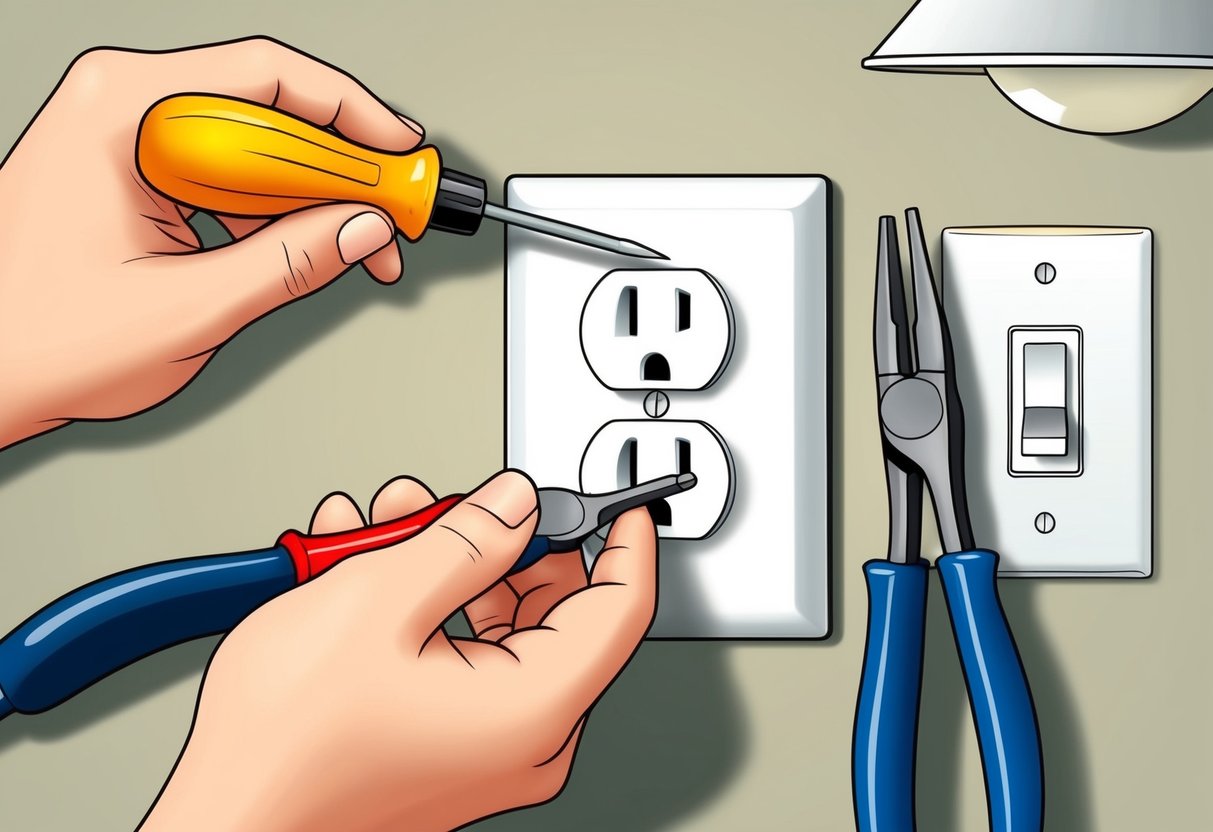 A person repairing an outlet with a screwdriver and a pair of pliers, while a light fixture and switch are visible in the background