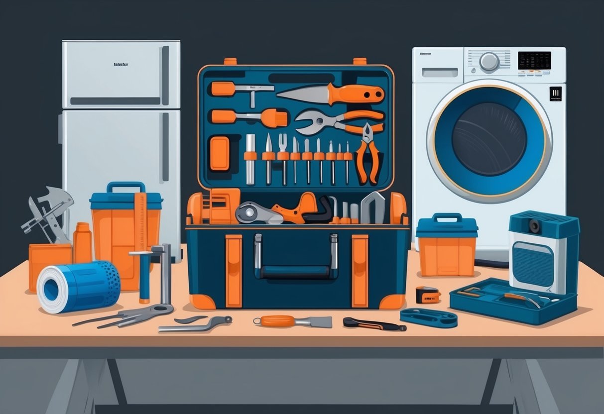An organized toolkit with various tools and supplies laid out on a workbench next to a set of major home appliances
