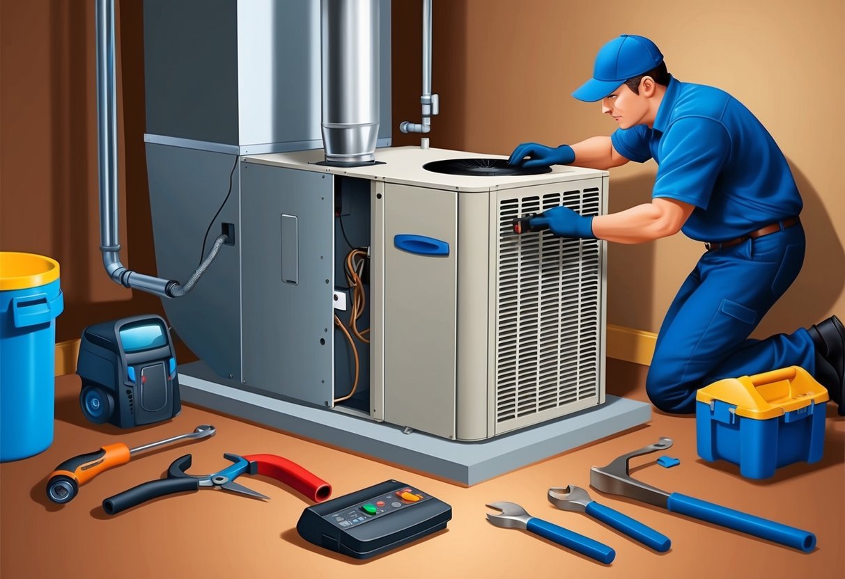 A technician examines and repairs a malfunctioning HVAC unit in a residential basement, surrounded by tools and equipment