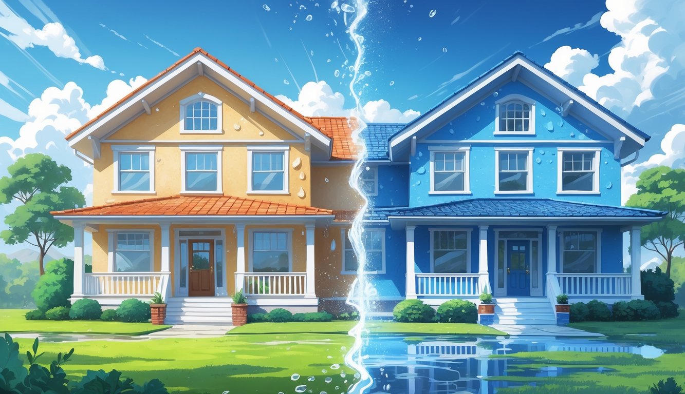 A side-by-side view of two house exteriors, one with fresh, intact paint under rainy and sunny weather, and the other showing peeling and damaged paint.