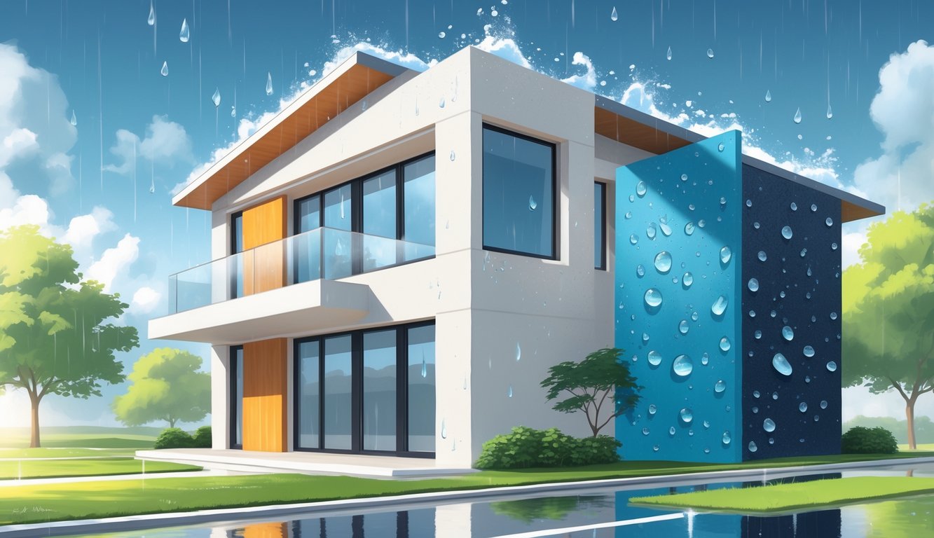 A house exterior divided into sections showing different weatherproof paint finishes with water droplets, sunlight, and wind effects.