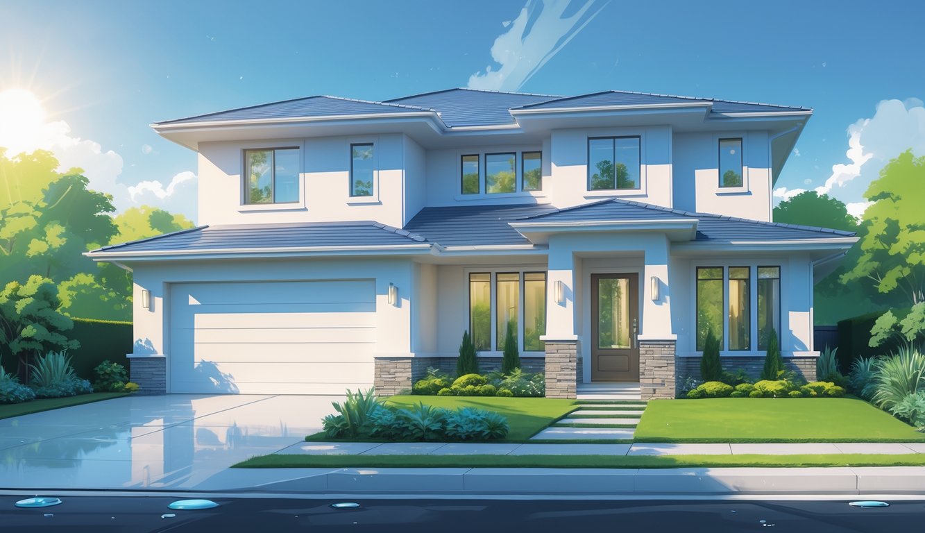 A bright, freshly painted house exterior with vibrant colors, surrounded by green plants and a neat curb area.
