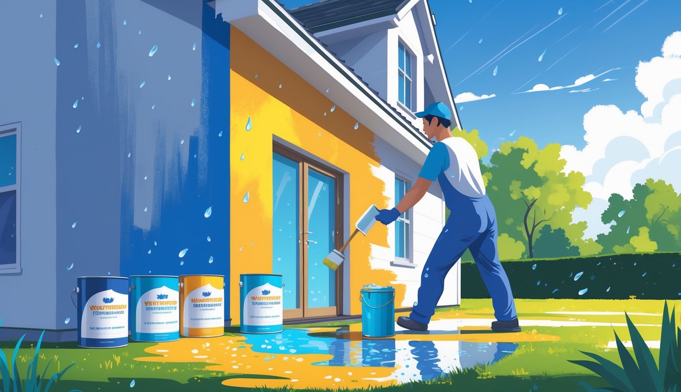 A painter applying weatherproof paint to the exterior wall of a house outdoors on a clear day.